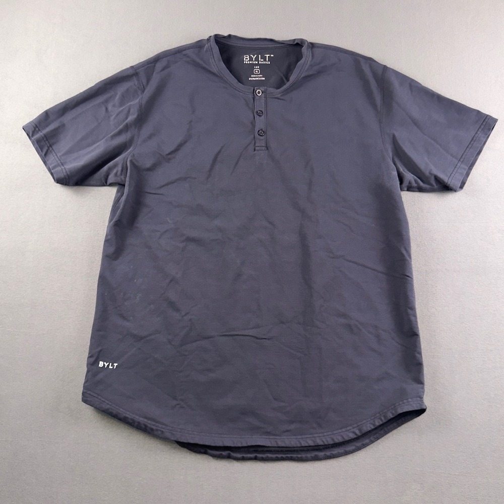 BYLT Premium Basics Lux Henley Shirt Mens XL Grey Short Sleeve Curved Hem